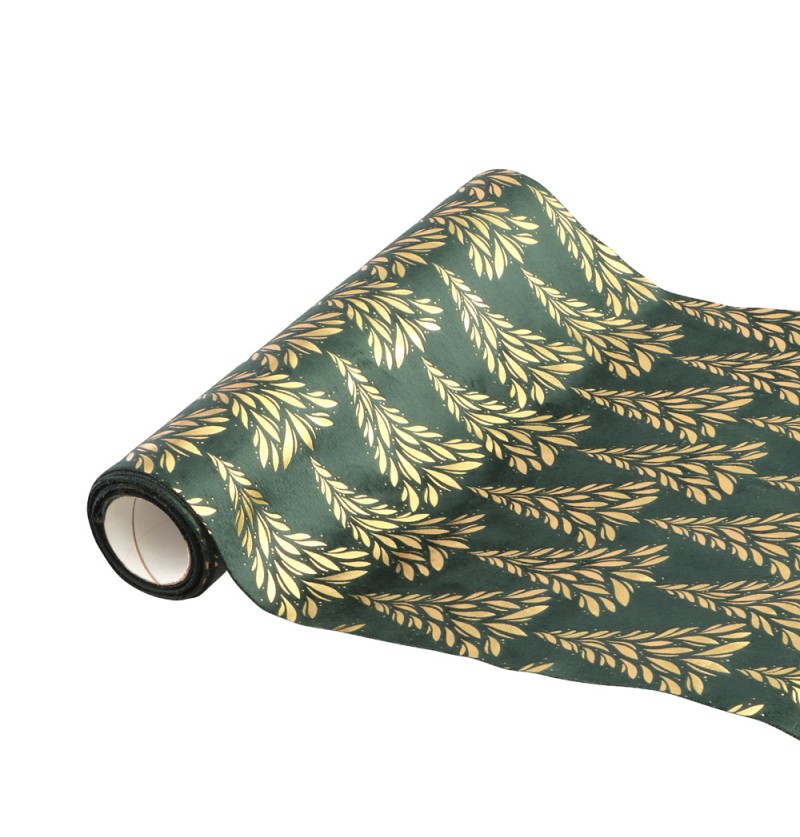 Velour Bladmotiv Bordløber Grøn/Guld