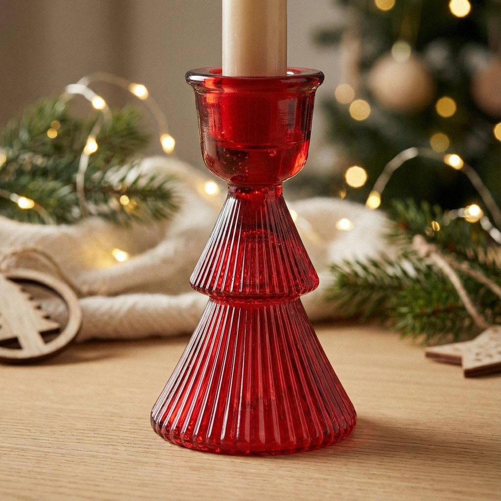 Træformet Glas Lysestage Rød - 1 stk (6 cm x 10 cm) | Rødt tema Lysestager - Temashop
