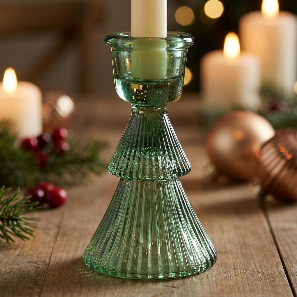 Træformet Glas Lysestage Grøn - 1 stk (6 cm x 10 cm) | Grønt tema Lysestager - Temashop