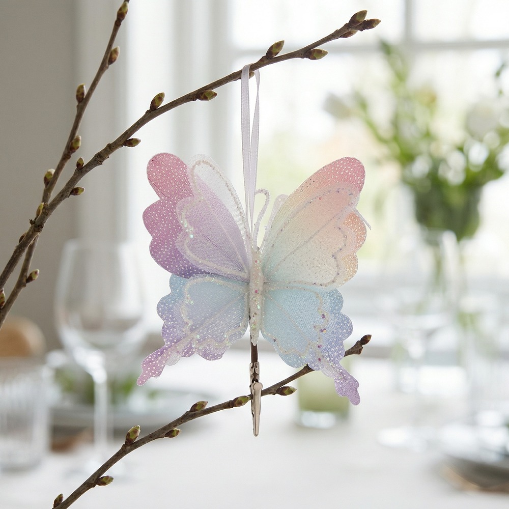 Iriserende Sommerfugl Med Klemme 19 cm - 1 stk (16 x 3 x 19 cm) | Sommerfugl Dekorationsfigurer - Temashop