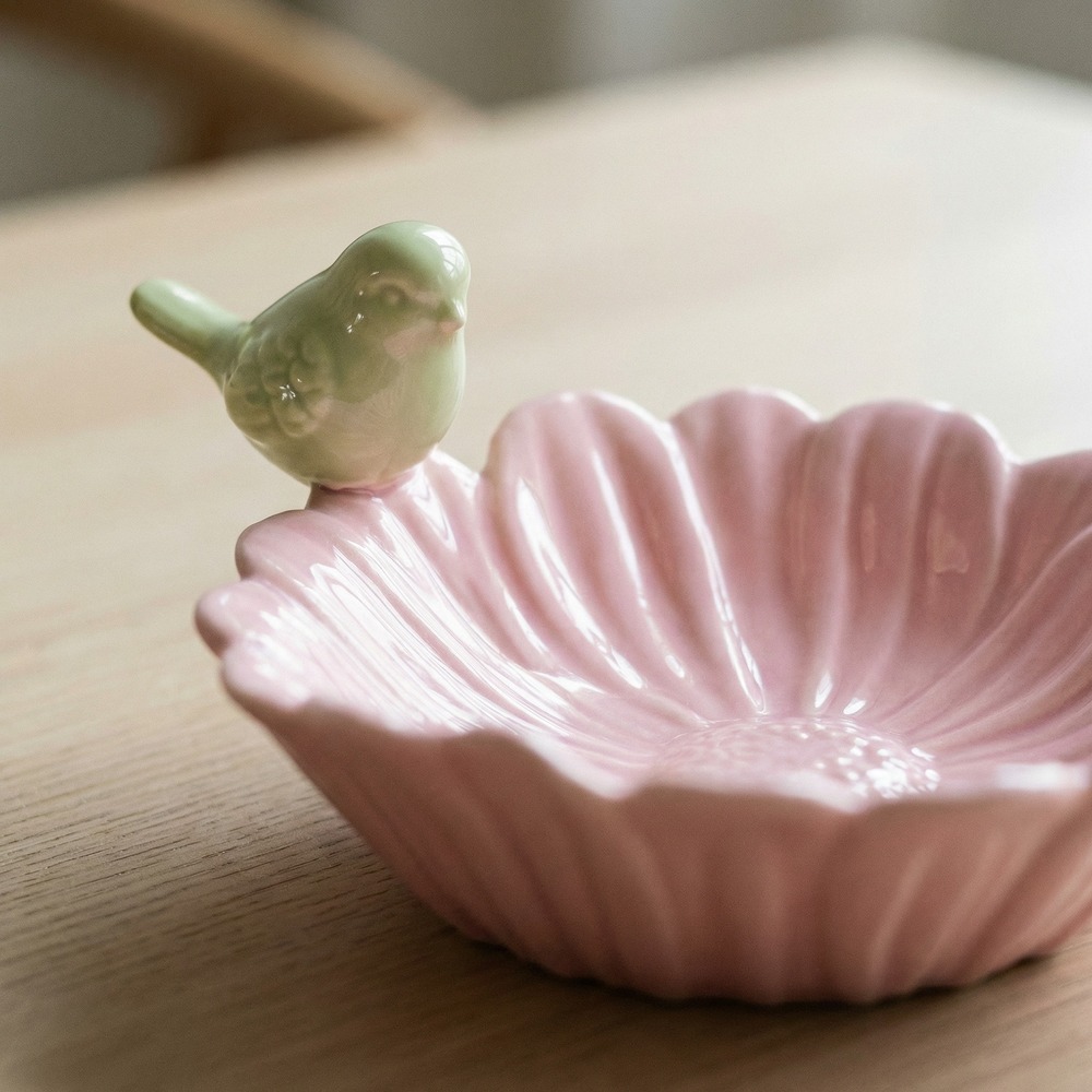 Porcelæn Blomst Skål Med Fugl Lyserød - 1 stk (14,8 x 14,8 x 7,8 cm) | Blomst Dekorationsfigurer - Temashop