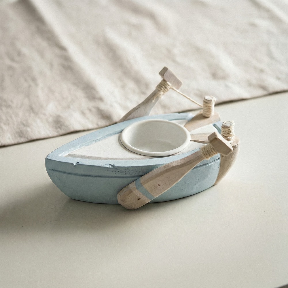 Træ Båd Fyrfadsstage Lyseblå - 1 stk (14 x 9,5 x 7 cm) | Maritimt Dekorationspakker - Temashop