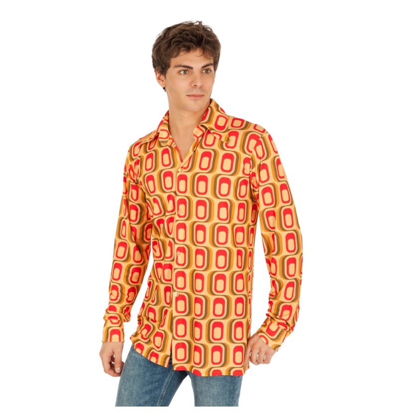 70'er Disco Skjorte Rød/Gul - Årtier kostume til voksne i størrelserne M-XL | 70'erne Disco kostume til mænd - Temashop