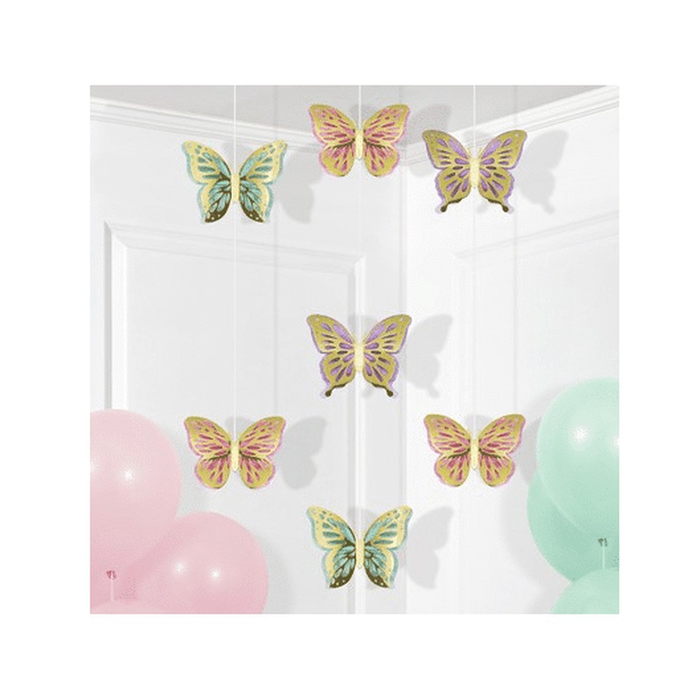 Hængende Sommerfugle Loftsdekoration Rosa/Lilla/Mint - 3 stk (106 cm) | Sommerfugl Hængedekoration - Temashop