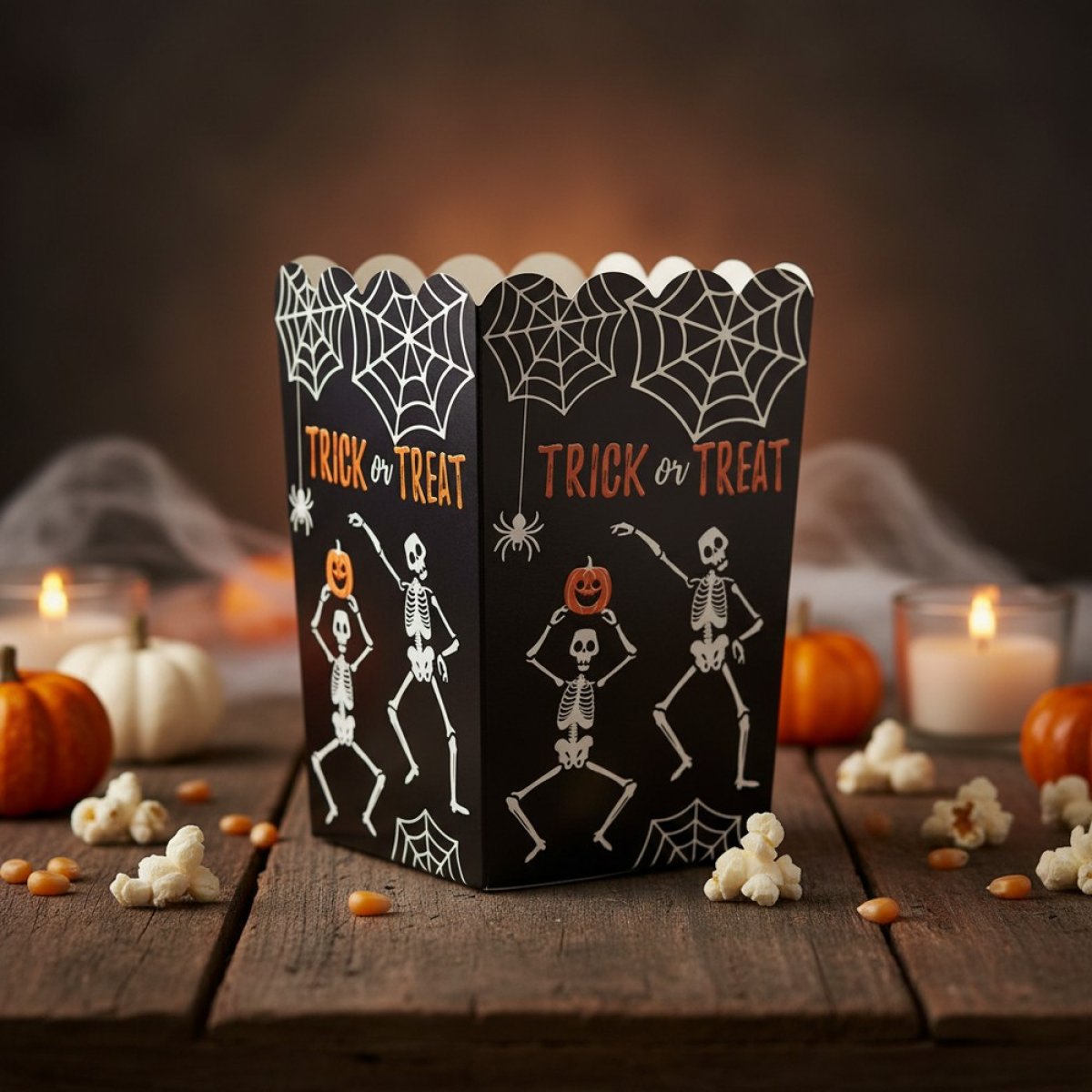Sorte popcornbægre med hvide skeletter og teksten Trick or Treat stillet på et træbord ved siden af græskar
