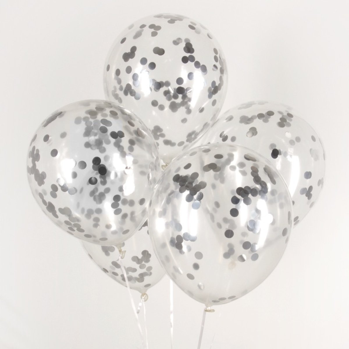 Konfetti Balloner Sølv, 5 latexballoner med sølvkonfetti