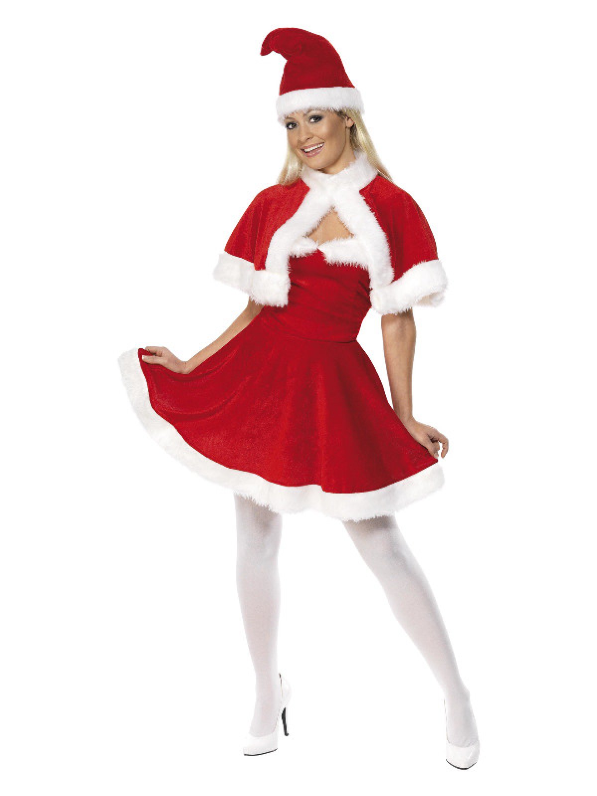 Miss Santa julekostume til kvinder med rød kjole, kappe og nissehue