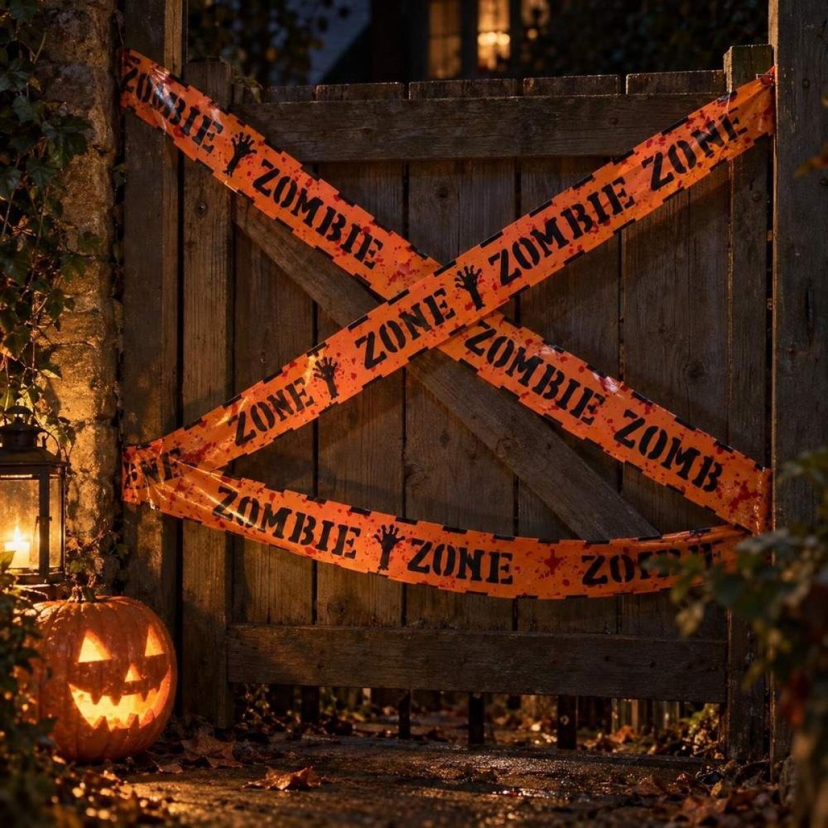 Orange afspærringsbånd med teksten Zombie Zone spændt over en havelåge med lys fra græskarlygter nedenunder