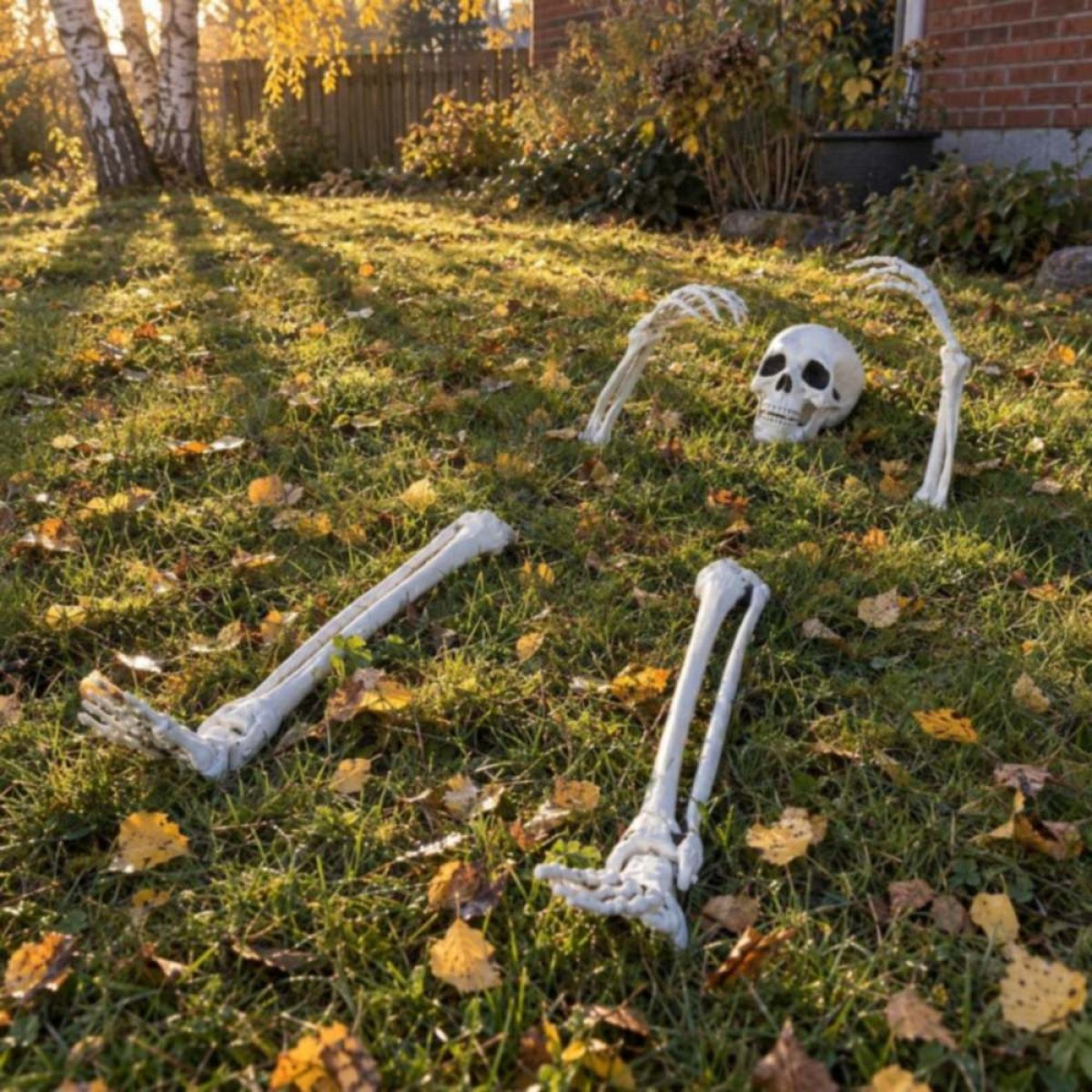 Skeletknogler, et kranie og to arme, der stikker op af græsplænen foran et træ, med efterårsblade omkring