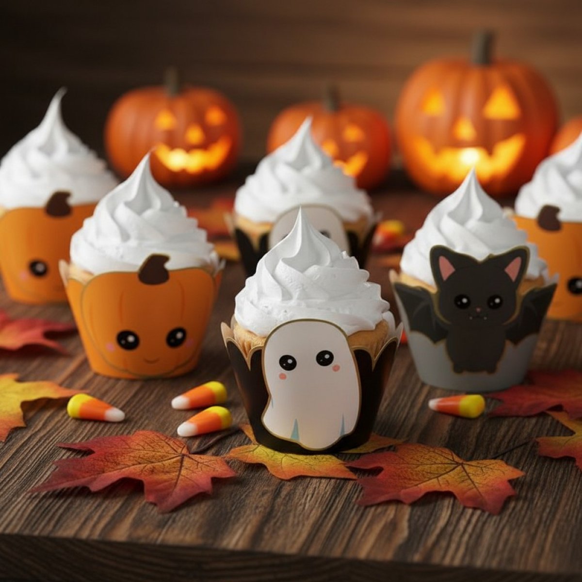 Cupcakes i halloween-forme med spøgelser og græskar