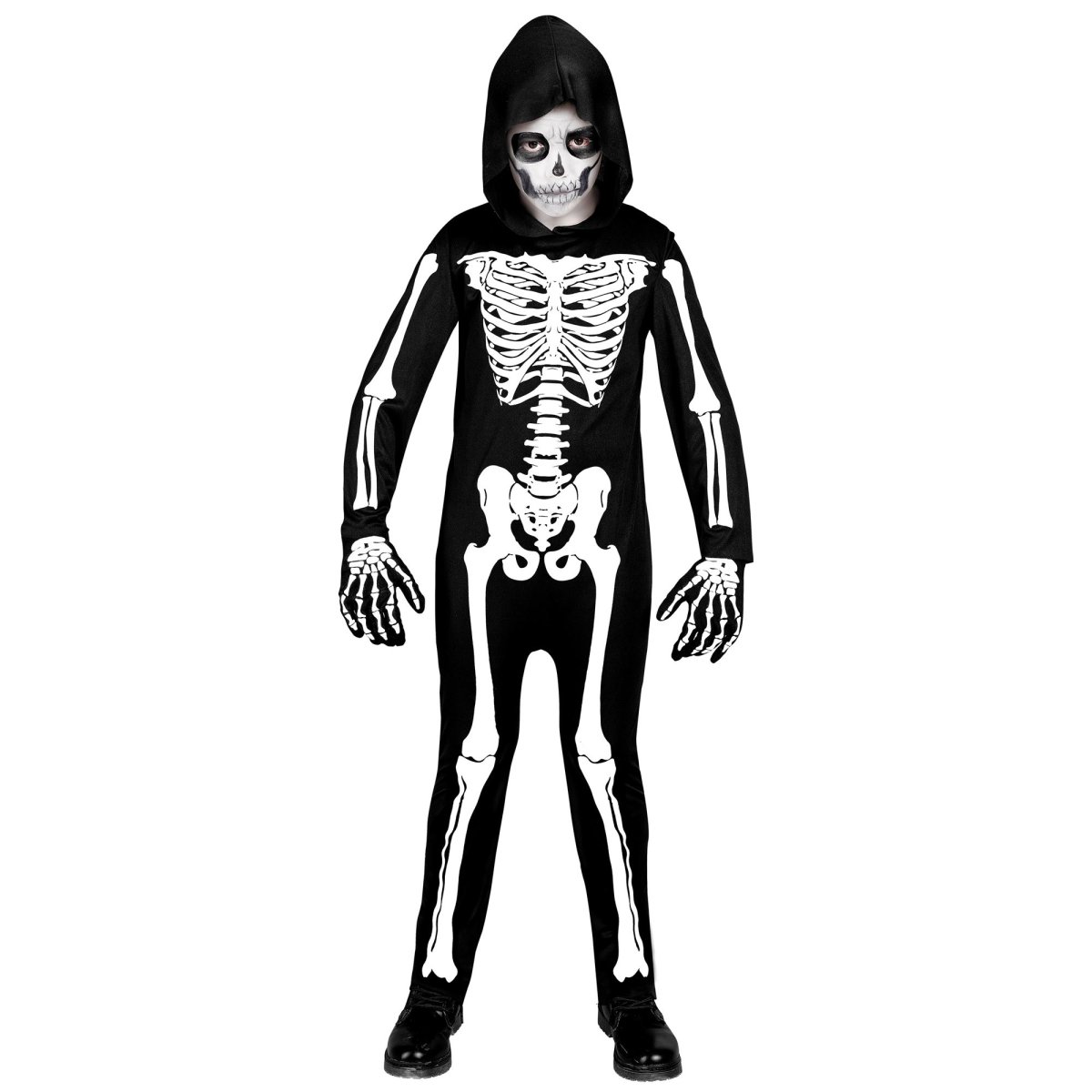 Barn i sort heldragt med hvidt skeletprint