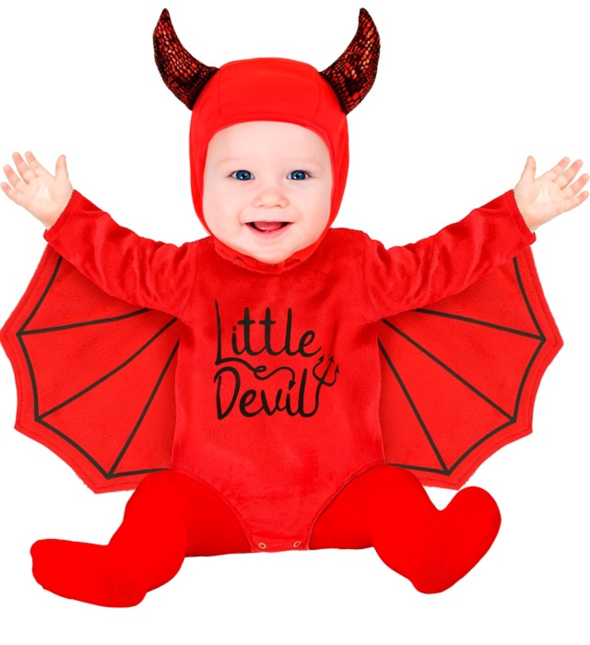 Little Devil babykostume i rød med vinger og hue med horn