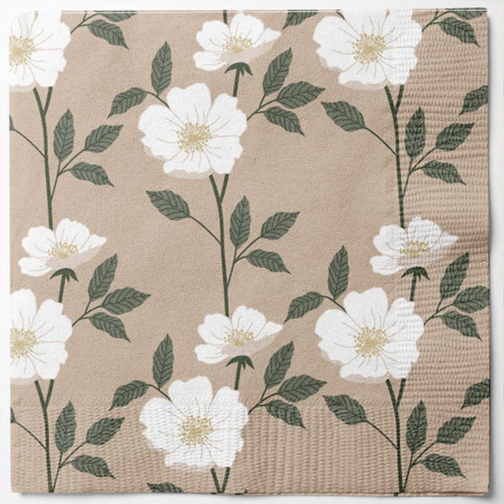 Blomster Servietter Beige - 20 stk (33 x 33 cm) | Blomst Servietter - Temashop