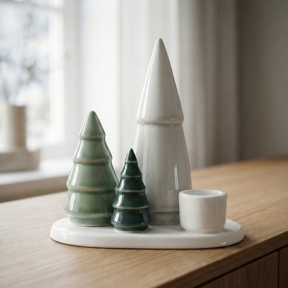 Porcelæn Juletræer Lysestage - 1 stk (13,8 x 13 x 7 cm) | Juletræ Julepynt - Temashop