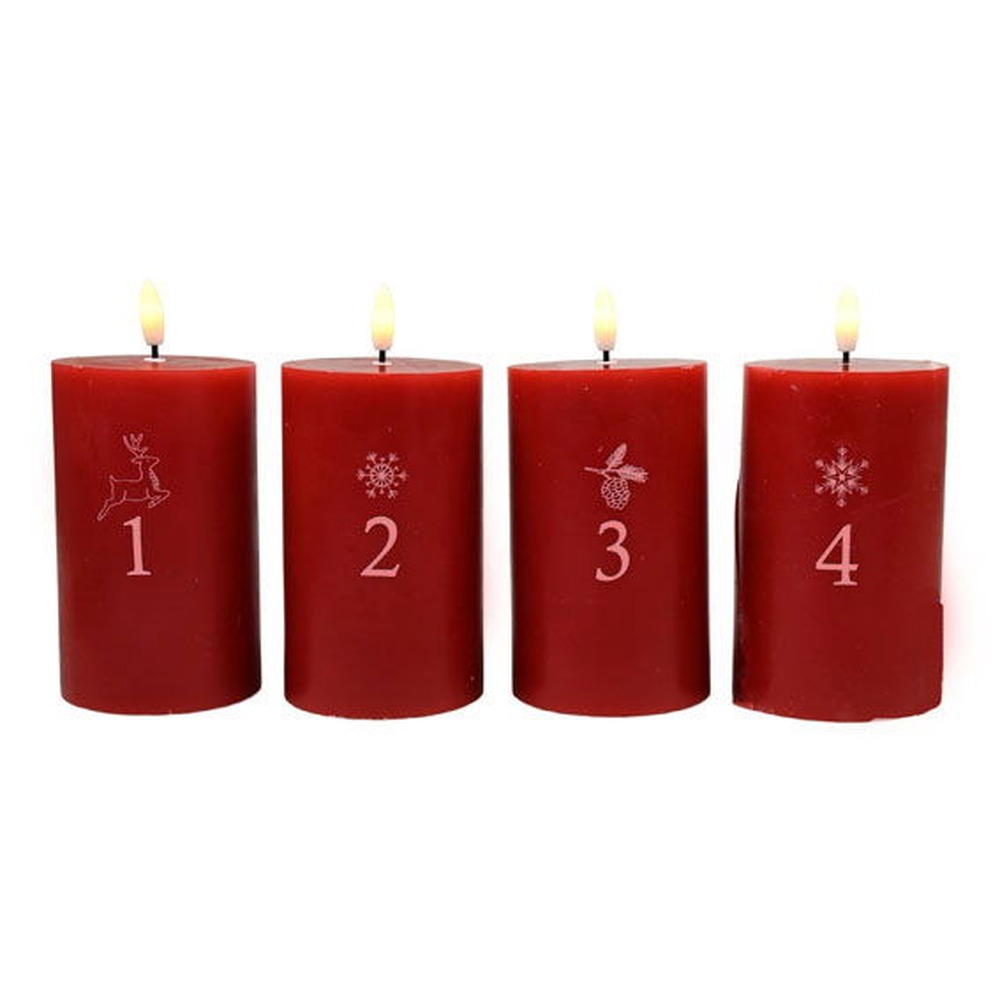 Adventslys Med LED Rød - 4 stk (12,5 x Ø 7,5 cm) | Julepynt Lys / lysestager - Temashop