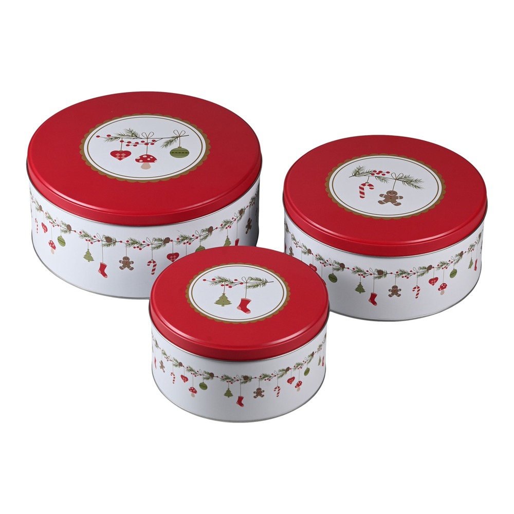Jule Kagedåse Metal Rød - 3 stk (8,6 x Ø 19,7 cm & 7,7 x Ø 16,7 cm & 7,1 x Ø 13,5 cm) | Jul Mad, Drikke & Køkken Udstyr - Temashop