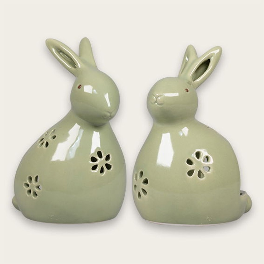 Bunny Keramik Fyrfadsstage Grøn - 2 stk (13,6 x 8,2 x 9,8 cm & 11,3 x 7 x 8,2 cm) | Bunny Lysestager - Temashop