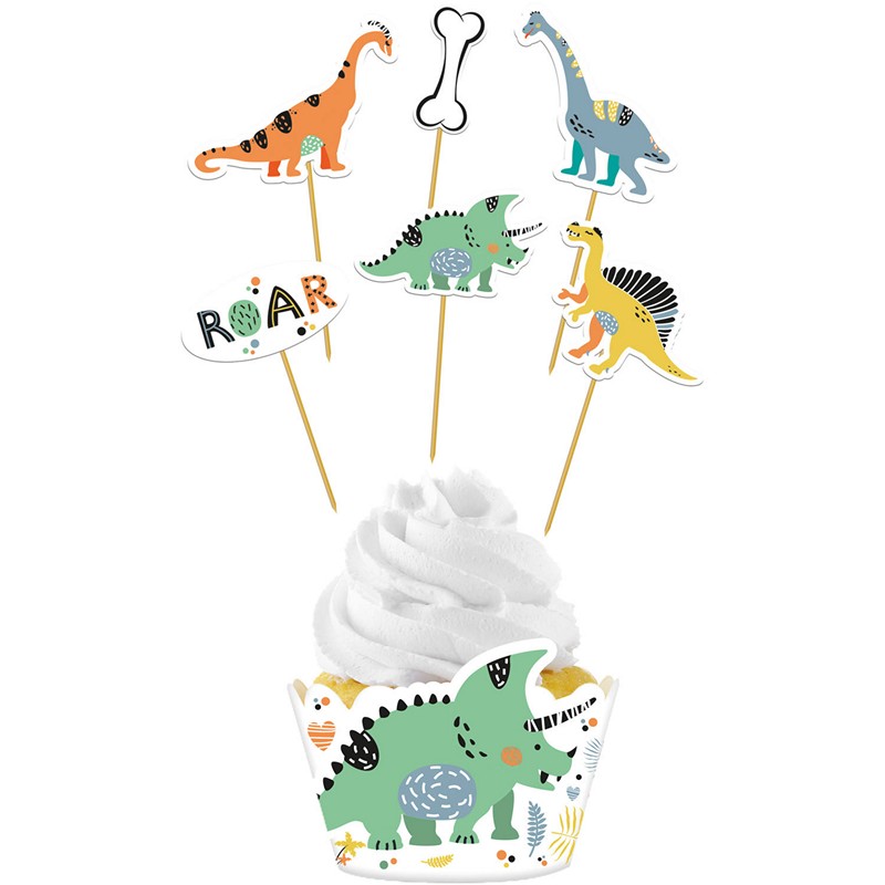 Dinosaur Roars Cupcake Pynt - 12 dele | Dinosaurus Cupcake Forme & Wrappers - Temashop