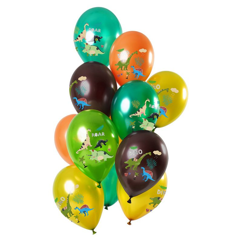 Dinosaur Roars Metalliske Ballon Mix Grøn - 12 stk (33 cm) | Dinosaurus Latexballoner - Temashop