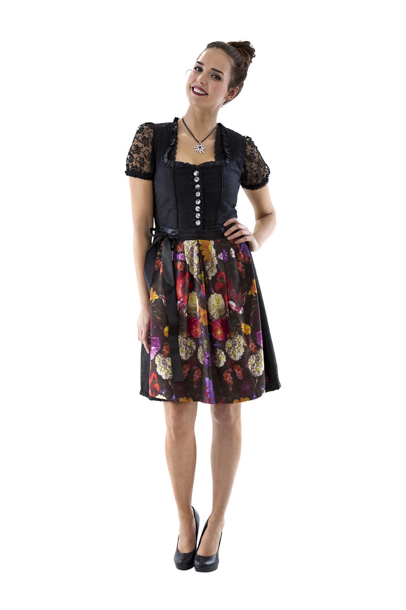 Dirndl Sort Blomstret - Anledninger kostume til voksne i størrelserne S-3XL | Oktoberfest kostume til kvinder - Temashop