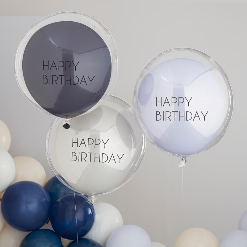 Dobbeltlags Happy Birthday Balloner Blå - 3 stk (45 cm) | Fødselsdag Ballonbuket - Temashop