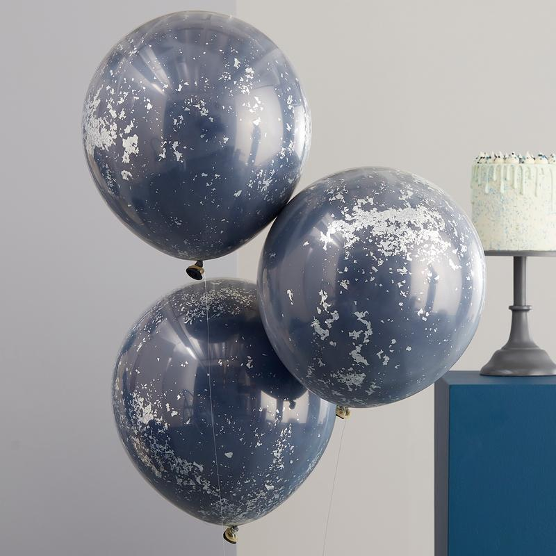 Dobbeltlags Konfetti Balloner Marineblå/Sølv - 3 stk (45 cm) - Temashop