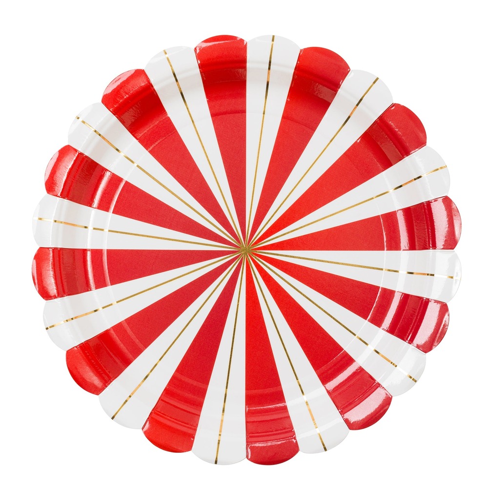 Julestribede Paptallerkener Rød/Guld - 8 stk (23 cm) | Jul Tallerkner - Temashop