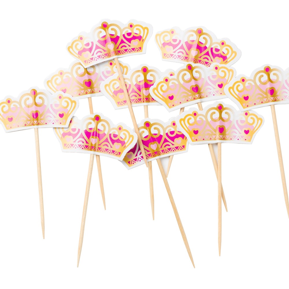 Krone Kagetoppere Pink/Guld - 10 stk (10 cm) | Prinsesse Kagefigur / kagetopper - Temashop