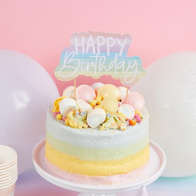 Eco Happy Birthday Kagetopper Multifarvet Pastel - 1 stk | Fødselsdag Kagefigur / kagetopper - Temashop