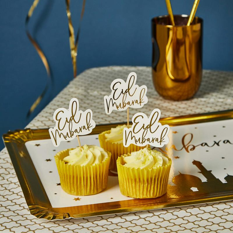 Eid Mubarak Madpinde Hvid/Guld - 12 stk | Eid Kagepinde - Temashop