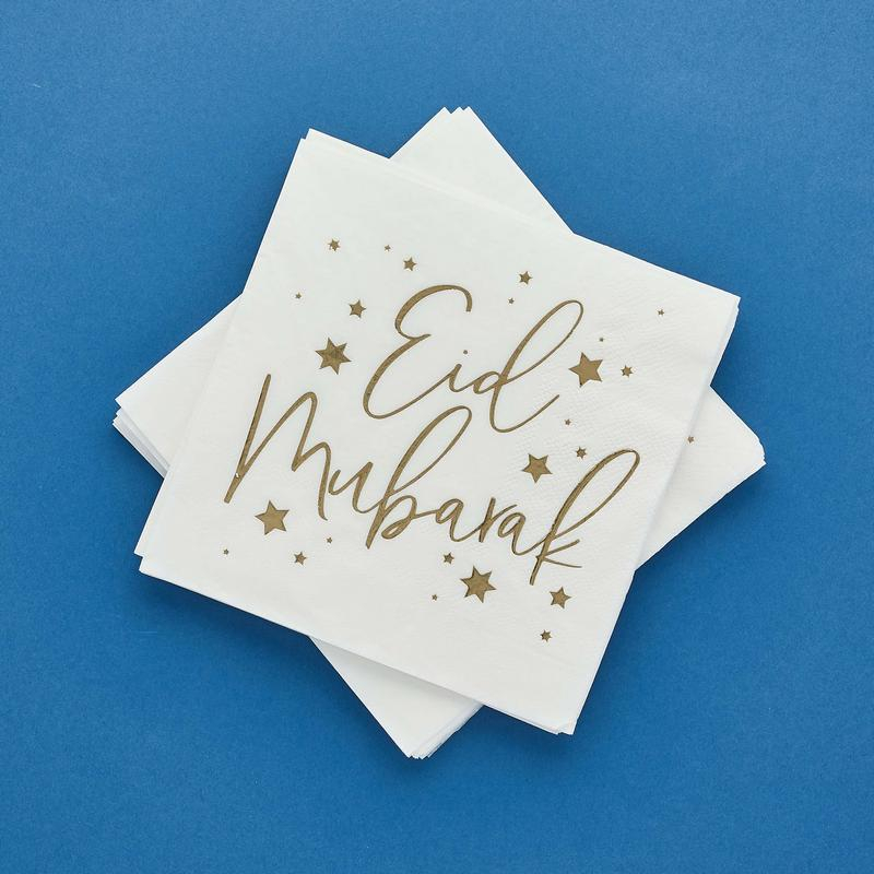 Eid Mubarak Servietter Hvid/Guld - 16 stk (33 x 33 cm) | Eid Servietter - Temashop