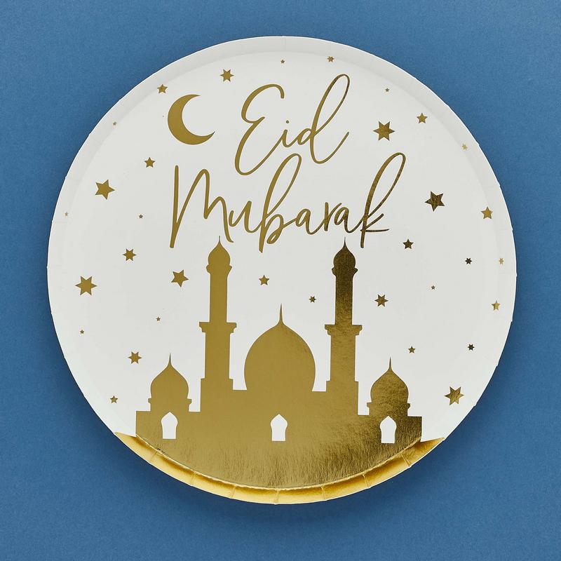 Eid Mubarak Tallerkener Hvid/Guld - 8 stk (23 cm) | Eid Tallerkner - Temashop