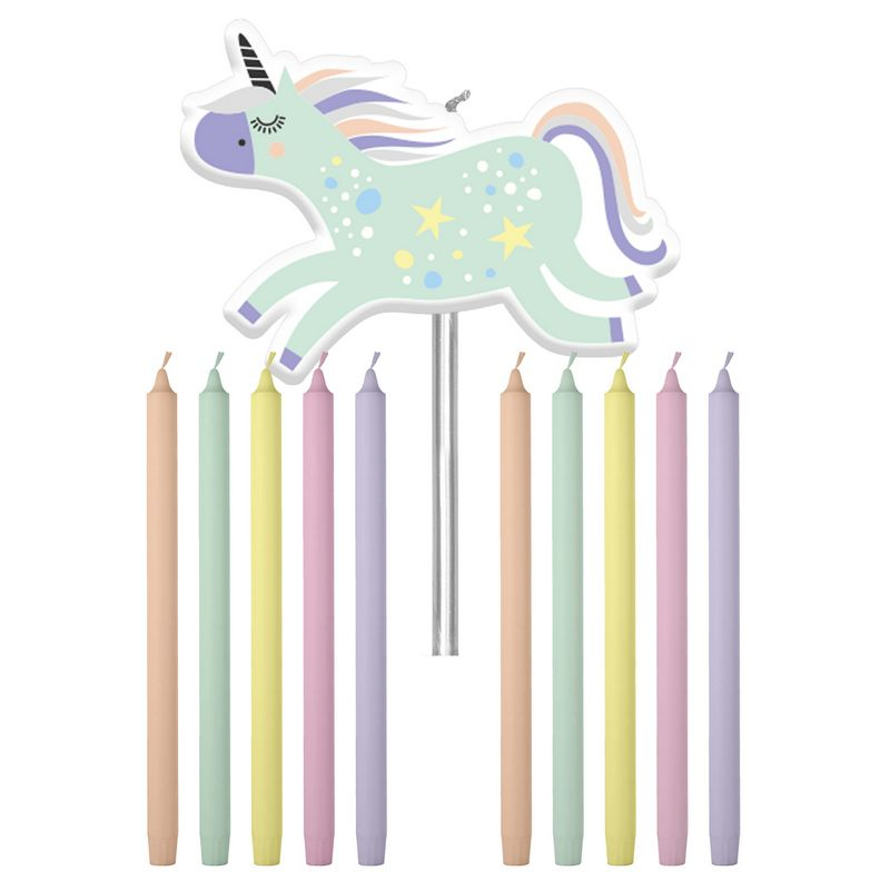 Enhjørning & Regnbue Kagelys - 11 stk (10 cm) | Enhjørning Kagelys - Temashop