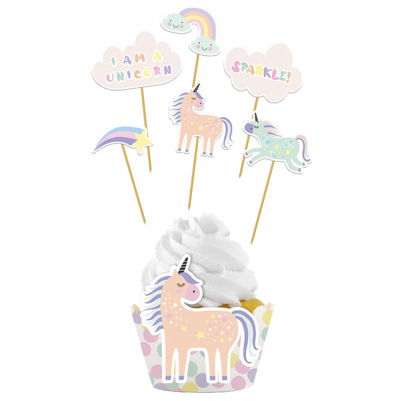 Enhjørning & Regnbue Madpinde & Cupcake Wrappers - 12 dele (22 x 6 cm) | Enhjørning Kagepinde - Temashop