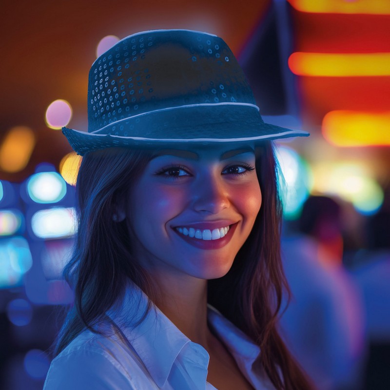 Paillet LED Fedora Blå (24 x 27,5 x 11 cm) | 70'erne Disco Hat / Hue / Hjelm - Hovedtilbehør - Temashop