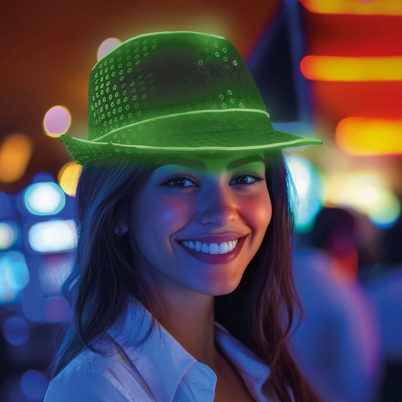 Paillet LED Fedora Grøn (24 x 27,5 x 11 cm) | 70'erne Disco Hat / Hue / Hjelm - Hovedtilbehør - Temashop