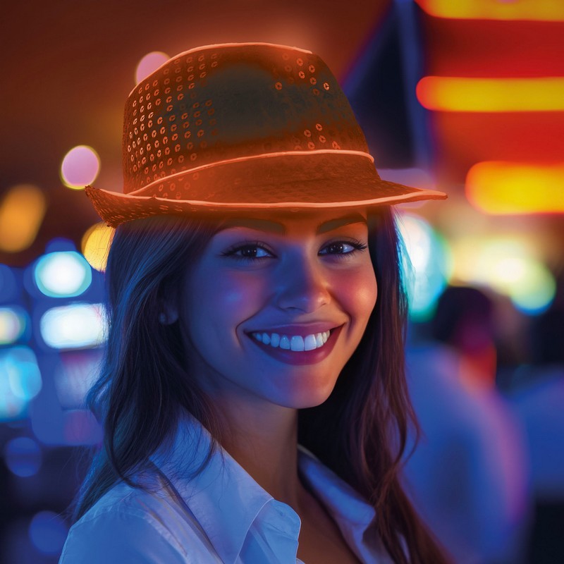 Paillet LED Fedora Orange (24 x 27,5 x 11 cm) | 70'erne Disco Hat / Hue / Hjelm - Hovedtilbehør - Temashop