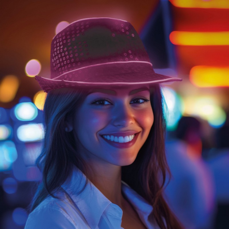 Paillet LED Fedora Pink (24 x 27,5 x 11 cm) | 70'erne Disco Hat / Hue / Hjelm - Hovedtilbehør - Temashop