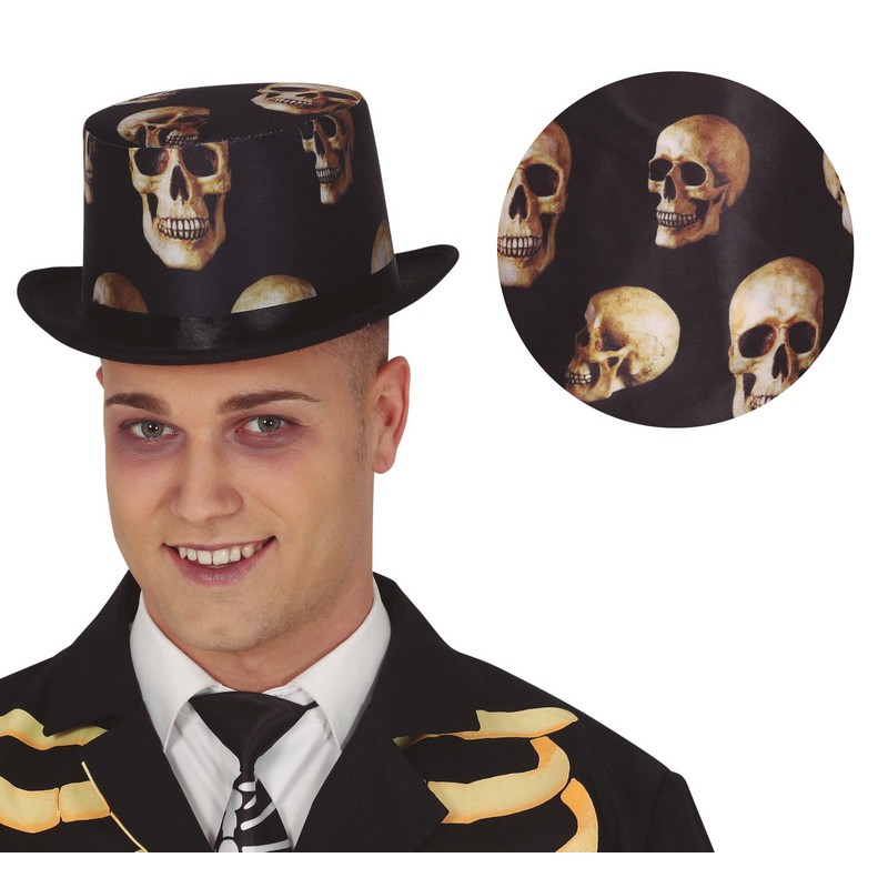 Dødningehoved Tophat Sort | Skelet Hat / Hue / Hjelm - Hovedtilbehør - Temashop