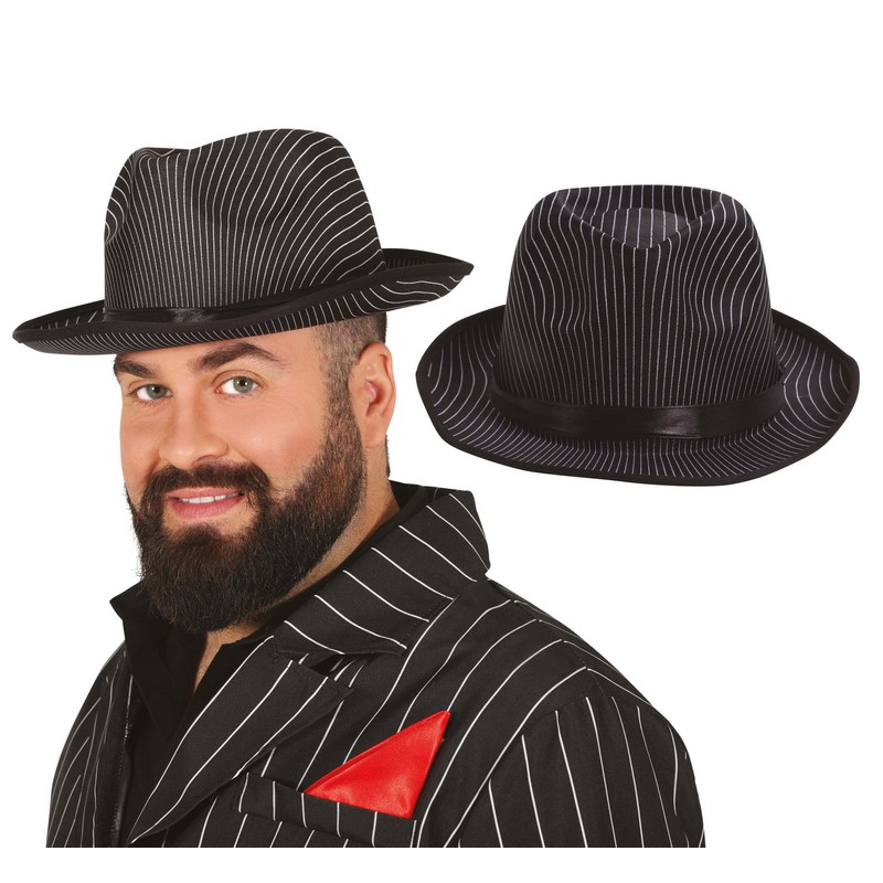 Stribet Gangster Fedora Sort | 20'erne Gangster Hat / Hue / Hjelm - Hovedtilbehør - Temashop