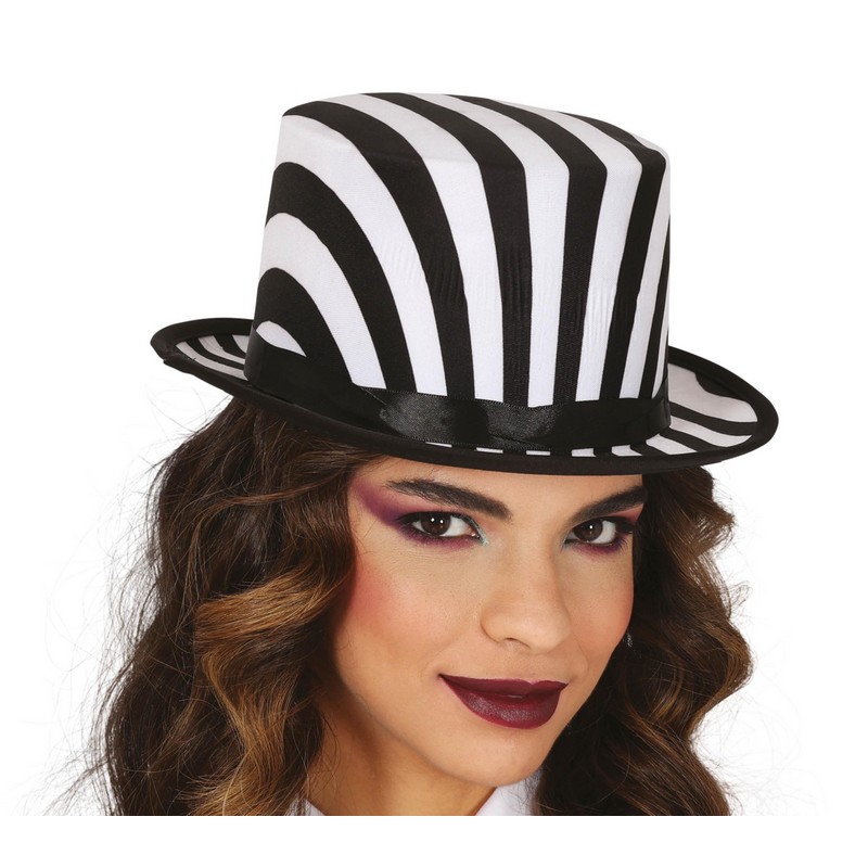 Stribet Tophat Sort/Hvid | Beetle Juice Hat / Hue / Hjelm - Hovedtilbehør - Temashop