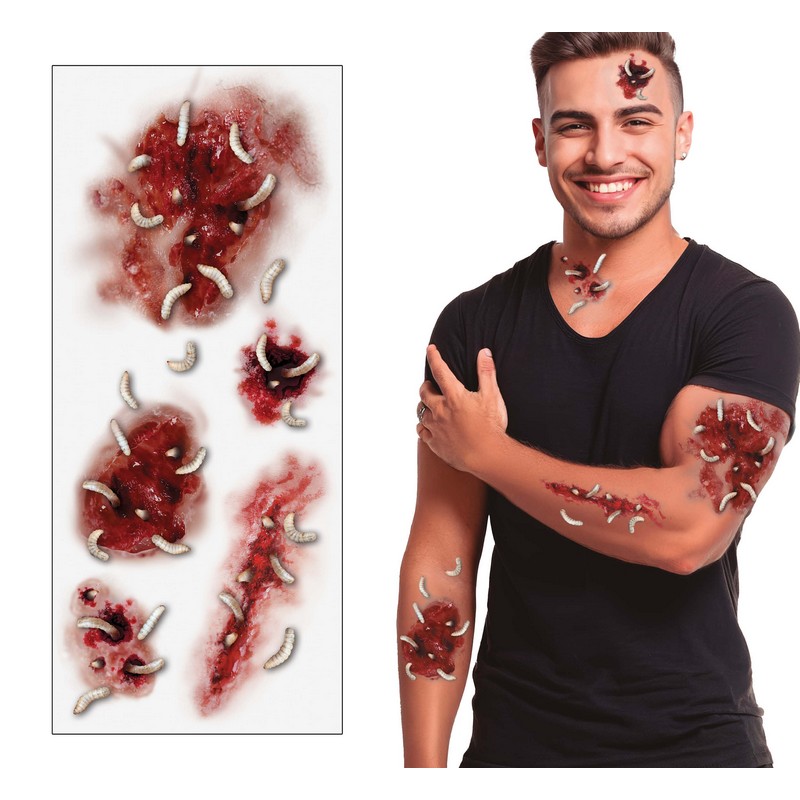 Zombie Sår Med Maddiker Falske Tatoveringer | Zombie Falske tatoveringer - Festtilbehør - Temashop