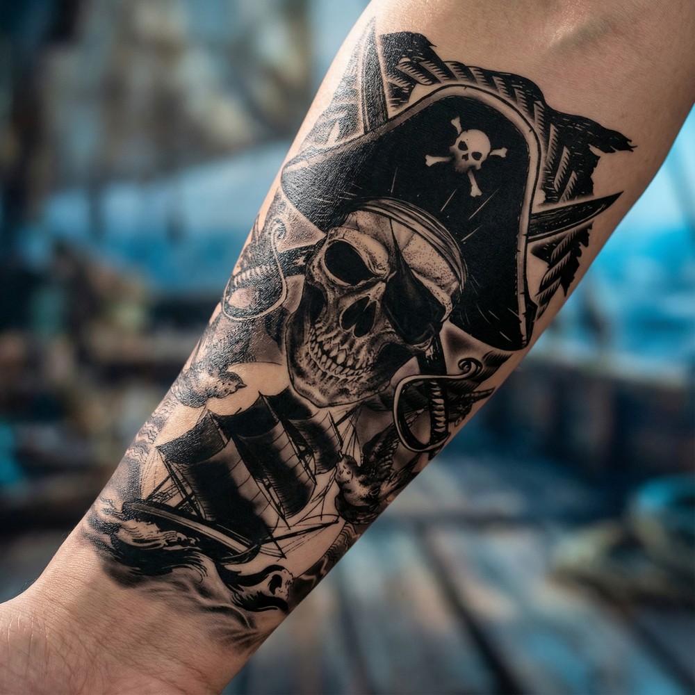 Pirat Falsk Tatovering (14 x 30 cm) | Pirat Falske tatoveringer - Festtilbehør - Temashop
