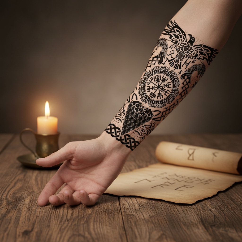 Viking Falsk Tatovering (14 x 30 cm) | Viking Falske tatoveringer - Festtilbehør - Temashop