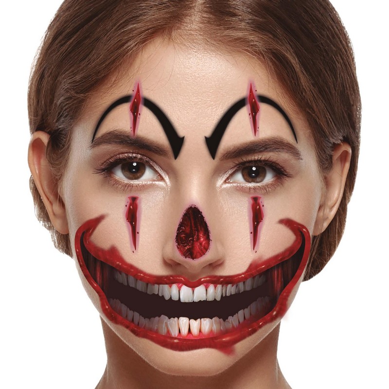Killer Clown Falske Ansigtstatoveringer (30 x 14 cm) | Horror Clown Falske tatoveringer - Festtilbehør - Temashop