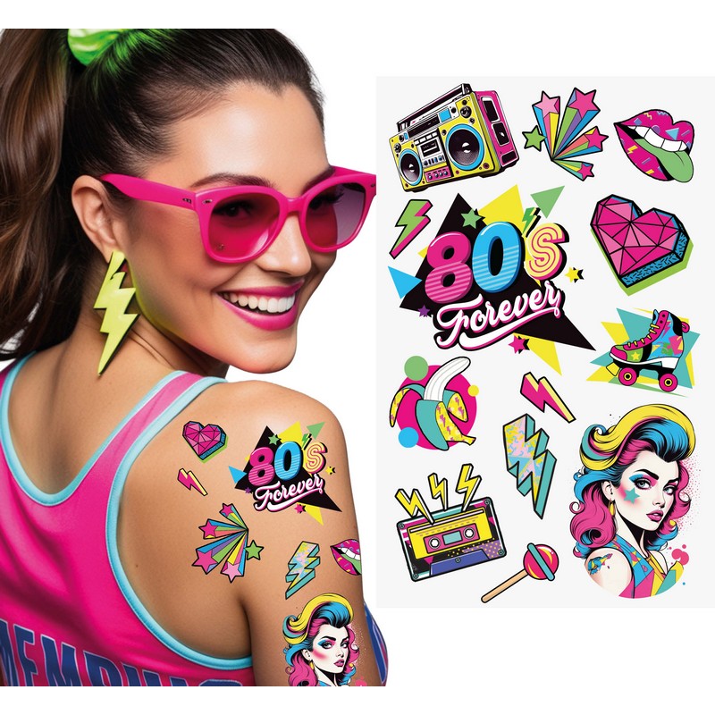 80'er Falske Tatoveringe Neon | 80'erne Totally Falske tatoveringer - Festtilbehør - Temashop