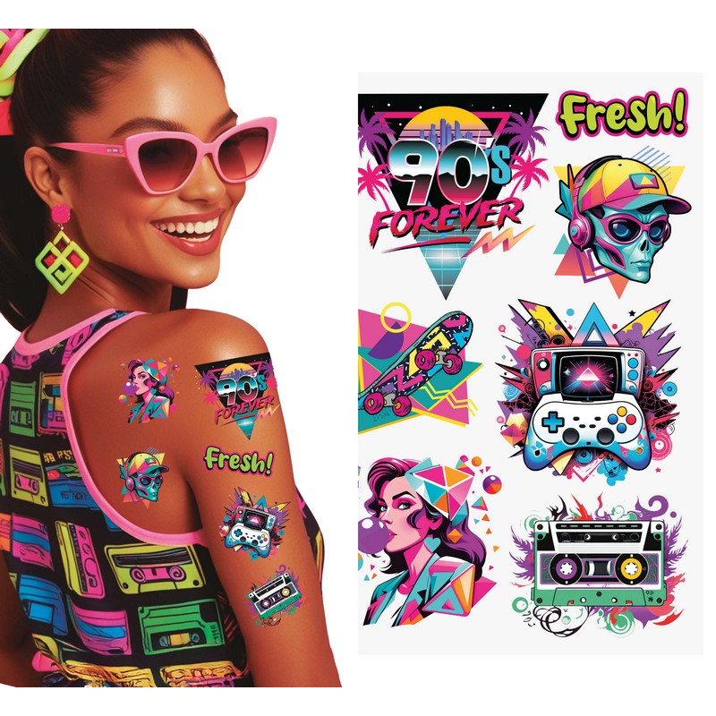 90'er Falske Tatoveringer Neon | 90'erne Retro Falske tatoveringer - Festtilbehør - Temashop