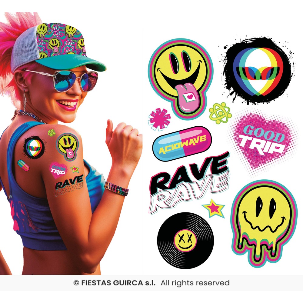 Acid Rave Falske Tatoveringer (14 x 30 cm) | Festival Falske tatoveringer - Festtilbehør - Temashop