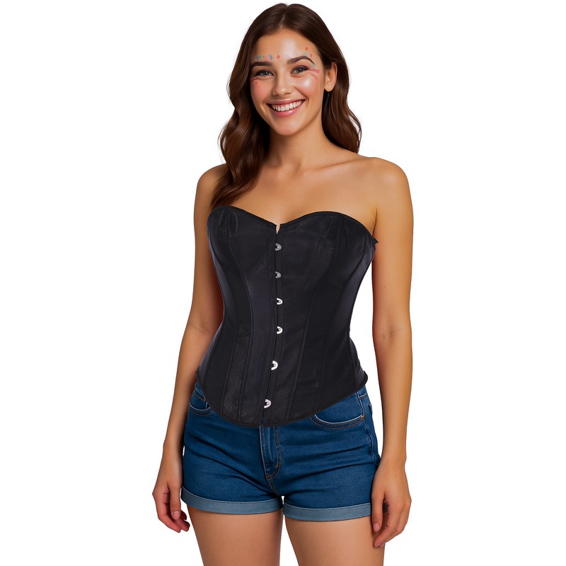 Burlesque Satin Korset Sort | Gotisk Overdel - Beklædning - Temashop