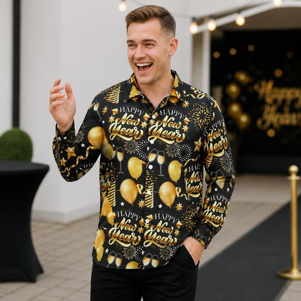 Happy New Year Skjorte - Anledninger kostume til voksne i størrelserne M-L | Nytår kostume til mænd - Temashop